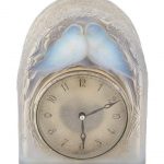 R. Lalique Molded Opalescent Glass Deux Colombes Mantel Clock