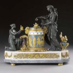 A LOUIS XVI ORMOLU, ENAMEL, BRONZE, SICILIAN JASPER AND MARBLE MANTEL CLOCK