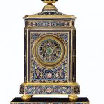 A MEISSEN PORCELAIN 'JEWELED' COBALT BLUE GROUND MANTEL CLOCK AND STAND