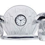 A FRENCH MOLDED GLASS DESK CLOCK, AND PAIR OF AMERICAN GLASS MODELS OF MUSHROOMS