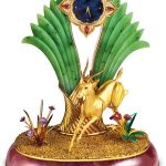 Jean & Pierre Bellin. A Fine and Unique Yellow Gold, Diamond, Tourmaline, Amethyst and Nephrite Arabian Gazelle Mantel Clock
