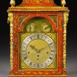 A red and gilt japanned musical table clock, George Prior, London, circa 1780